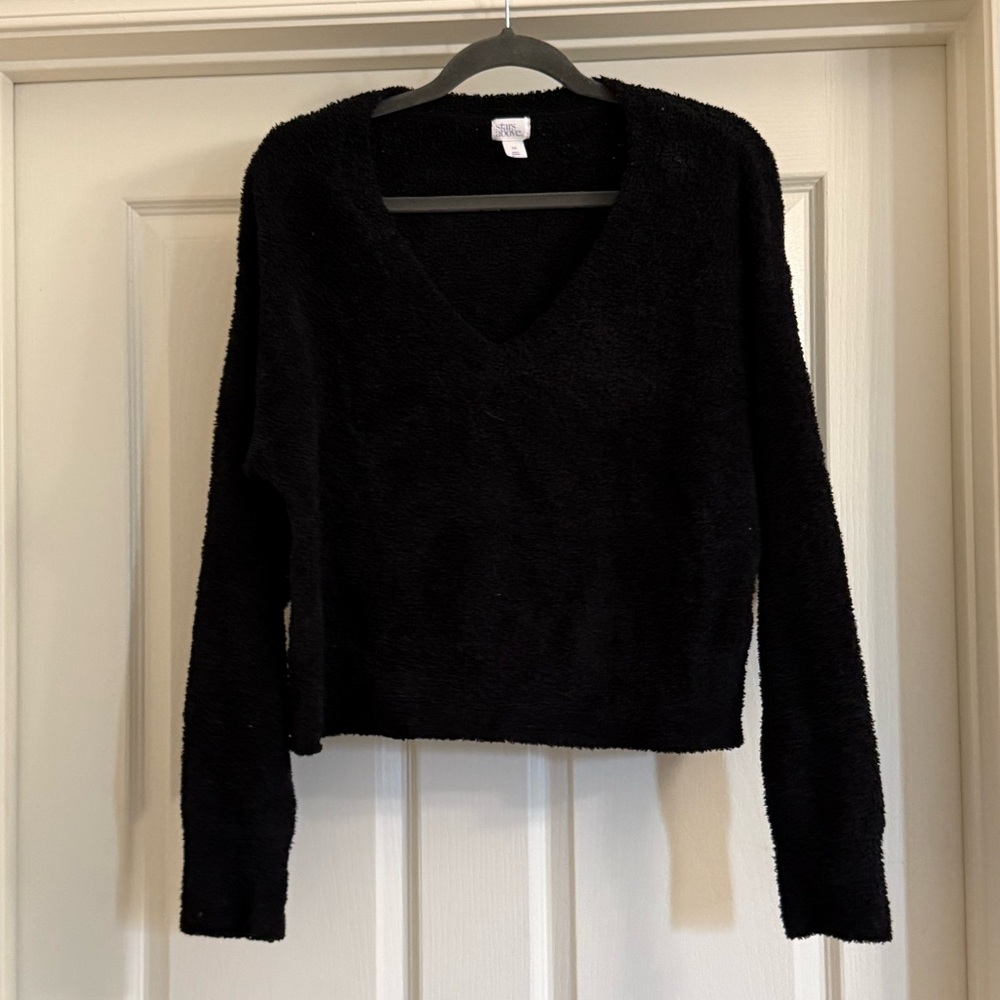 Stars Above Black Fuzzy V-Neck Sweater Size Medium